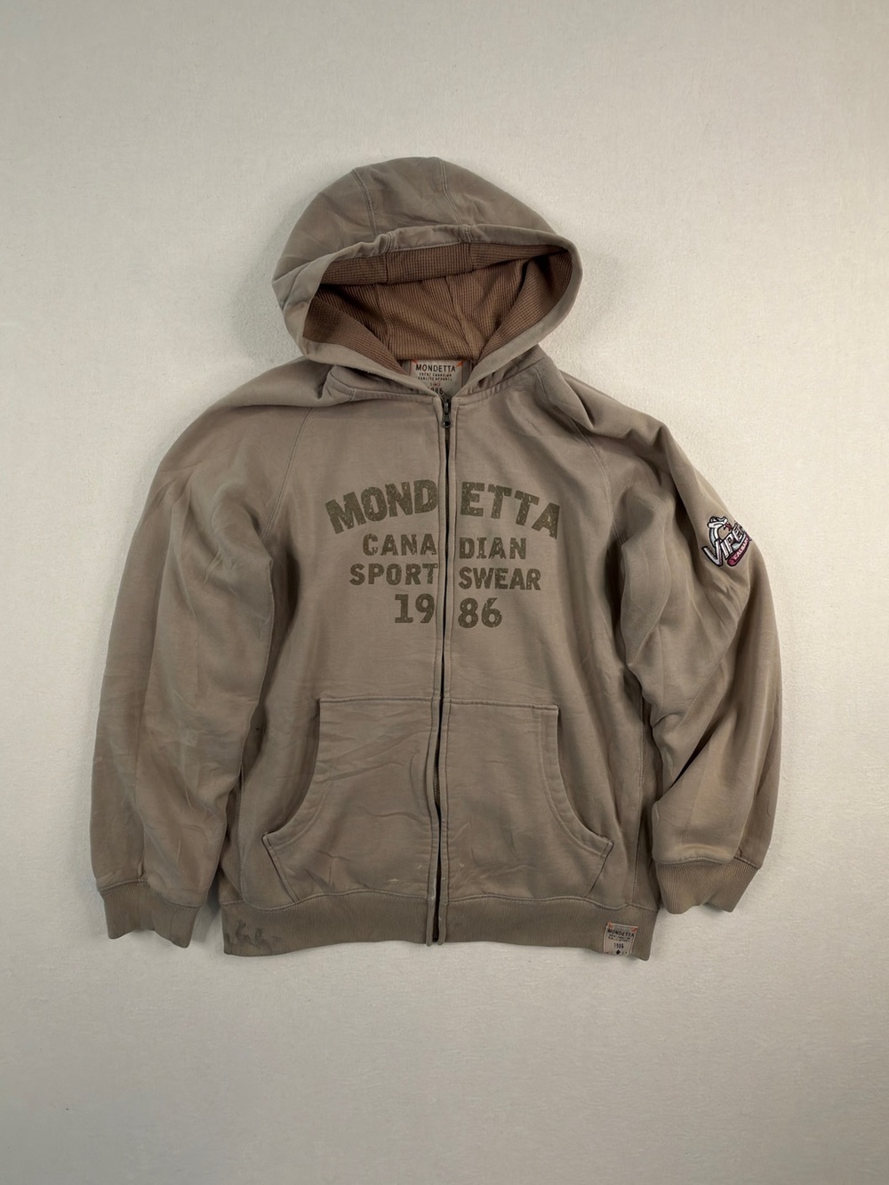 Mondetta Full Zip Hoodie XL Taupe Y2K Canadian Sportswear Thermal Lined